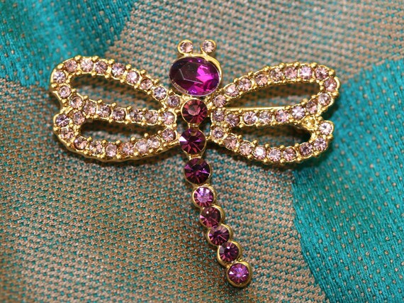 Vintage Dragonfly Brooch Handcrafted Rhinestone S… - image 3