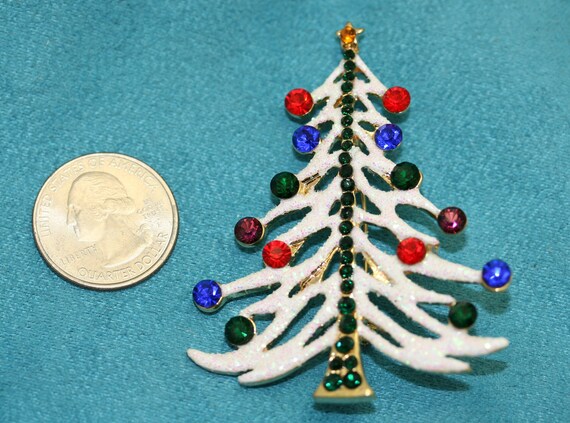 White Glitter Traditional Christmas Tree Pin Broo… - image 3