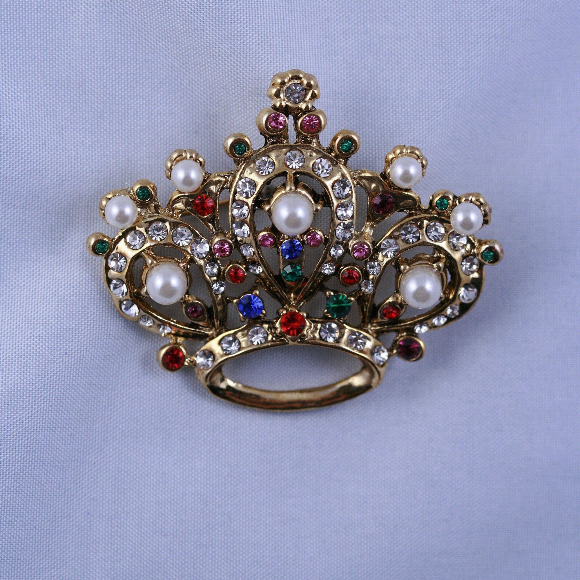 Vintage Rhinestone Crown Brooch Pin With Faux Seed Pearl in Etsy