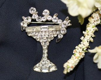 Silver-plated Rhinestone Pell Champagne Glass Brooch Pin