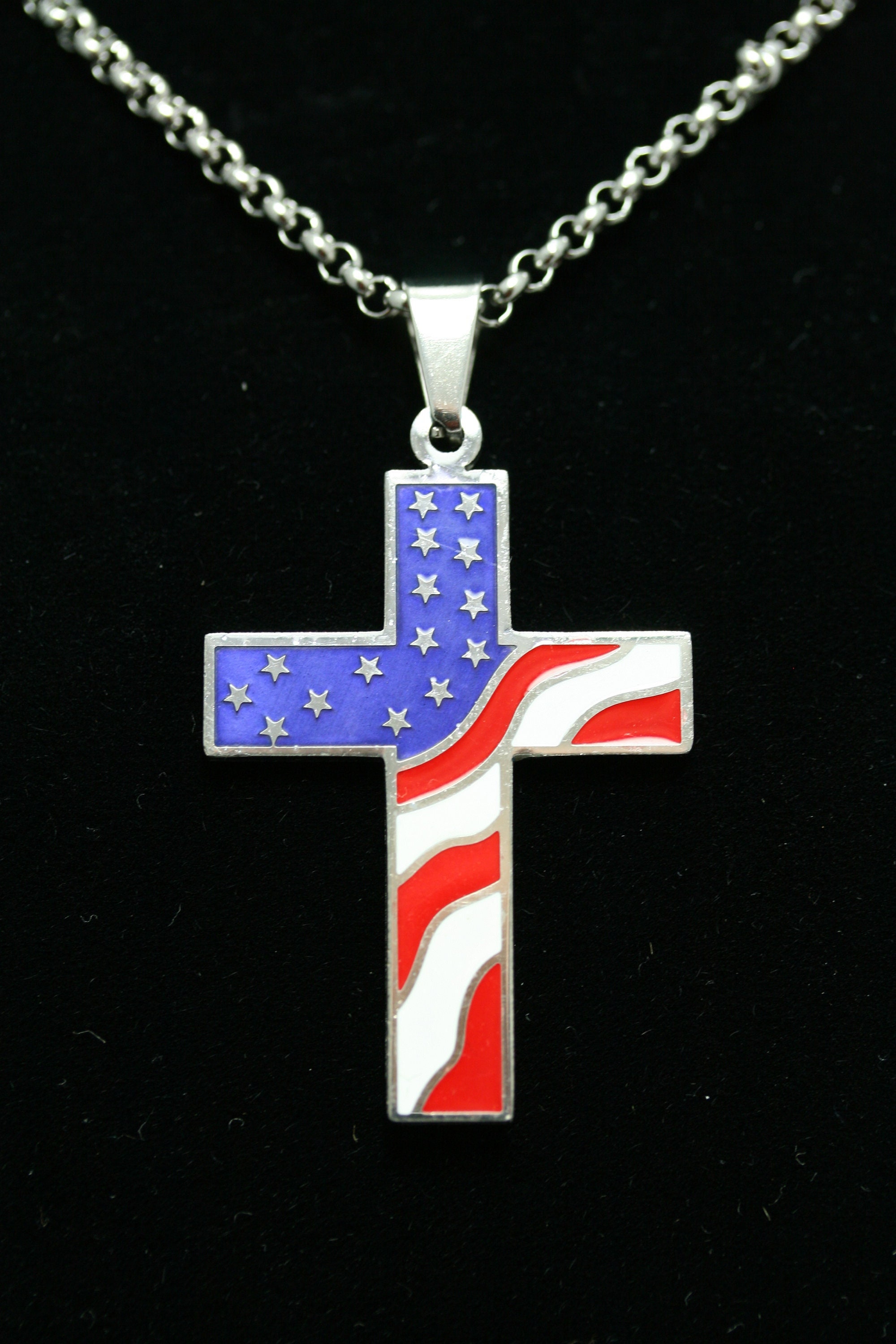 American Flag Necklace Stainless Steel Cross Pendant Necklaces Patriotic  Jewelry Religious USA Silver Steel Heavy Chain 