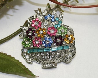 Pastel Rhinestone Mother's Day Easter Flower Bouquet Basket Vase Pin Brooch