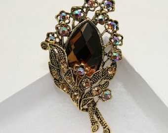 Vintage Flower Brooch - 3D Amber Rhinestone Flower Cluster Brooch Pin  W Antique Gold TONE!