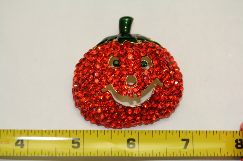 Large Rhinestone Halloween Pumpkin Brooch Pin, Fashion Costume Holiday Jewelry, Crystal Pumpkin Brooch Pin image 2
