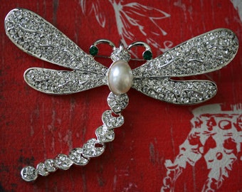 Large Vintage Rhinestone Dragonfly Brooch  with Articulated Tail Crystal Dragonfly pin