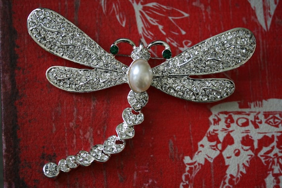 Large Vintage Rhinestone Dragonfly Brooch  with A… - image 1