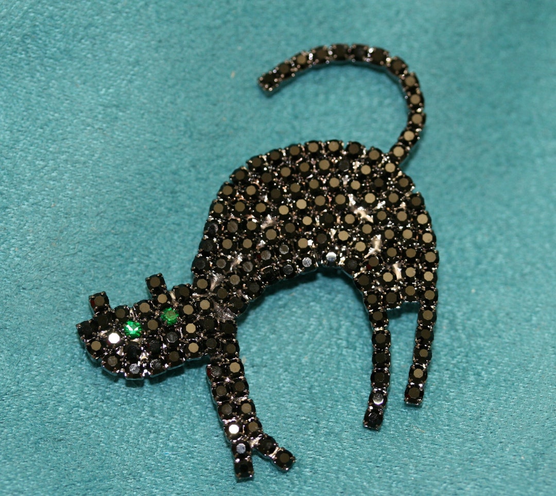 Black Cat Pin Rhinestone Halloween Black Spooky Cat Brooch - Etsy