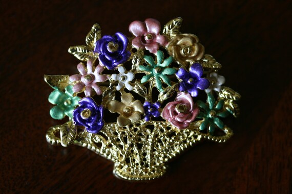 Vintage flower basket brooch enameled pastel flow… - image 2