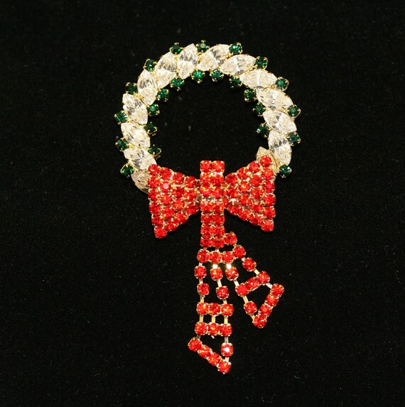 Vintage Christmas Wreath Rhinestone Pin Brooch, C… - image 3