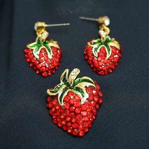 Rhinestone Strawberry Fruit Pin Brooch & Earrings Set, Red Ruby Crystal Strawberry Jewelry Set, Strawberry Festival Gift