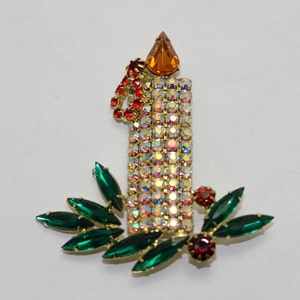 Vintage Large Rhinestone Filled Christmas Candle Brooch, Pin, Holiday Christmas Jewelry