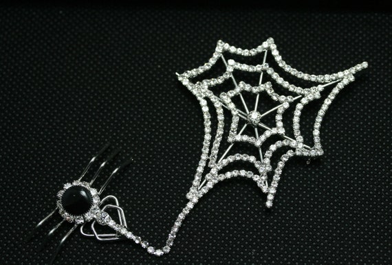 Halloween Vintage SPIDER & WEB Rhinestone Brooch,… - image 5