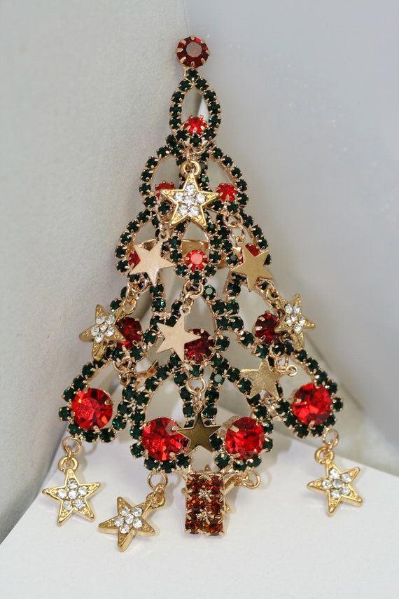 Large Rhinestone Christmas Tree Brooch Dangle Sta… - image 9