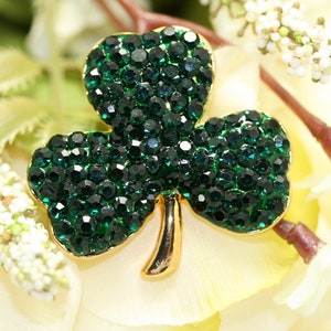 Gold Tone Saint Patrick Day Rhinestones Three Leaf Clover Pin Brooch Saint Patrick's Day Shamrock Jewelry Gift