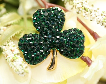 Gold Tone Saint Patrick Day Rhinestones Three Leaf Clover Pin Brooch Saint Patrick's Day Shamrock Jewelry Gift
