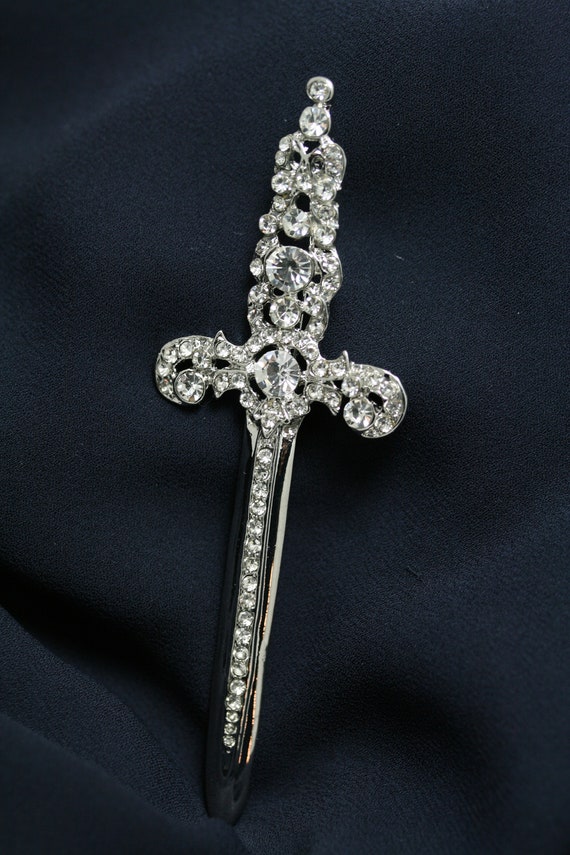 Rhinestone Jeweled Silver-plated Sword Pin Brooch… - image 5