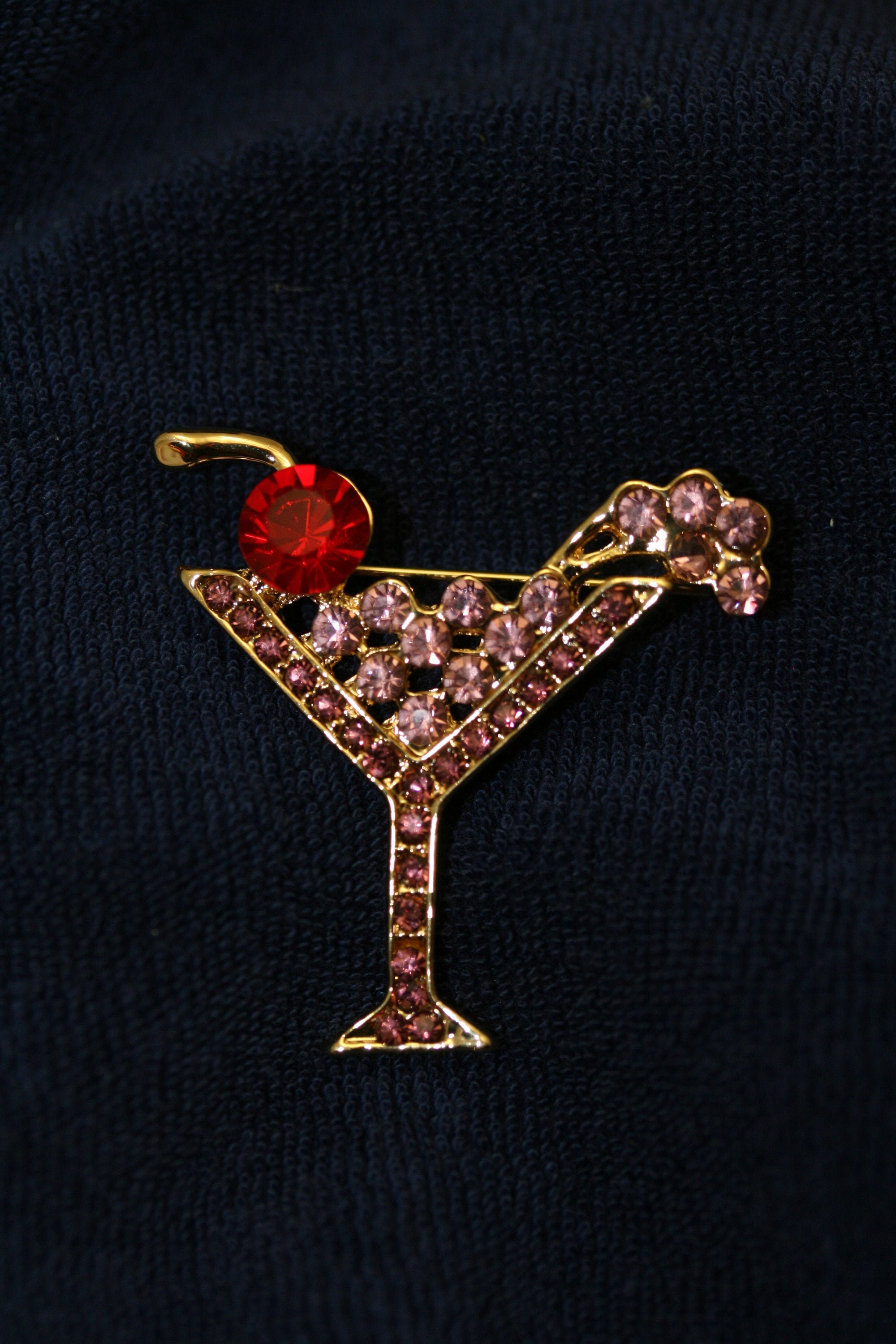 Rhinestone Martini Glass Pin Cocktail Party Pink Crystals Costume