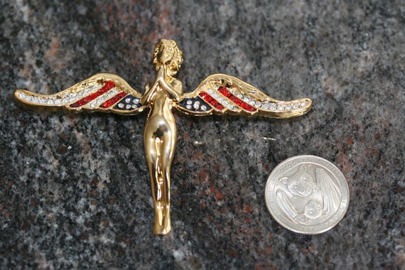 Vintage Flying Angel with Crystal USA Flag Wings … - image 5
