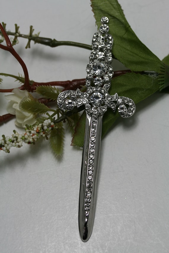 Rhinestone Jeweled Silver-plated Sword Pin Brooch… - image 9