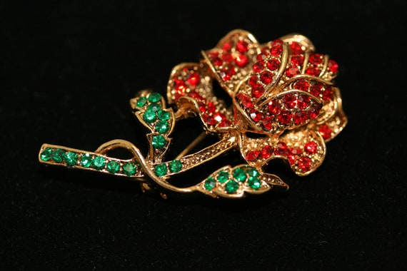 Vintage Large Ruby Garnet Olivine Rhinestone Rose… - image 1