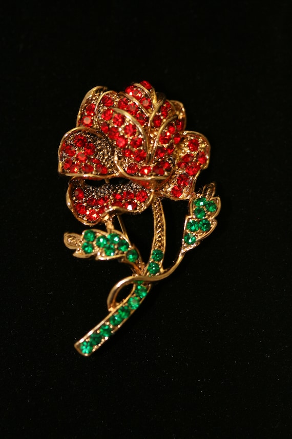 Vintage Large Ruby Garnet Olivine Rhinestone Rose… - image 7