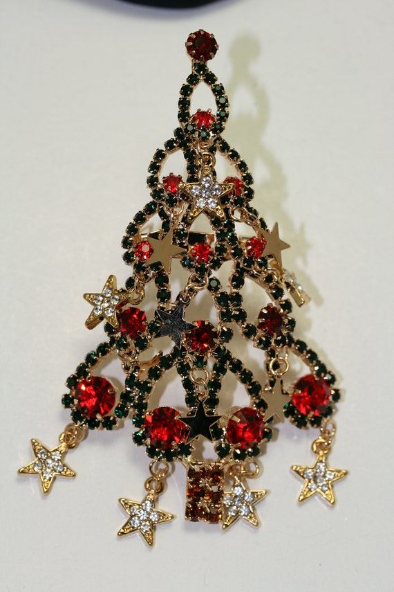 Large Rhinestone Christmas Tree Brooch Dangle Sta… - image 2