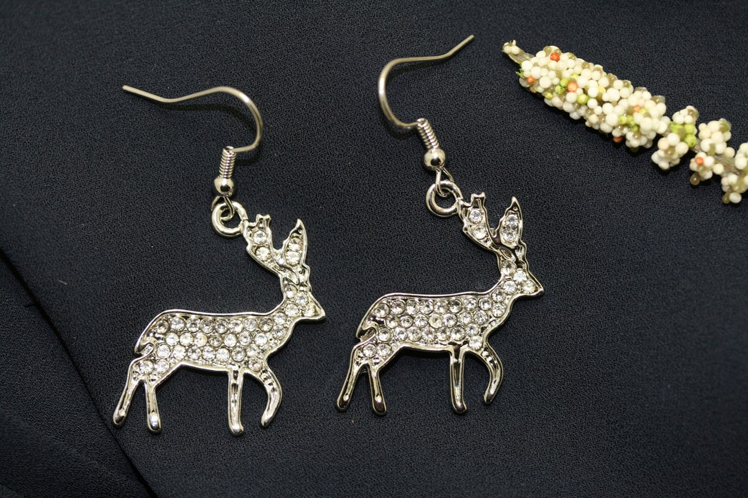 Rhinestone Silverplated Reindeer Dangle Earrings Jewelry Christmas