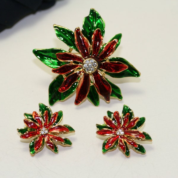 Christmas Enamel Poinsettia Brooch / Pin and Stud Post Earrings Set, Costume Jewelry, Christmas Holiday Jewelry Gift