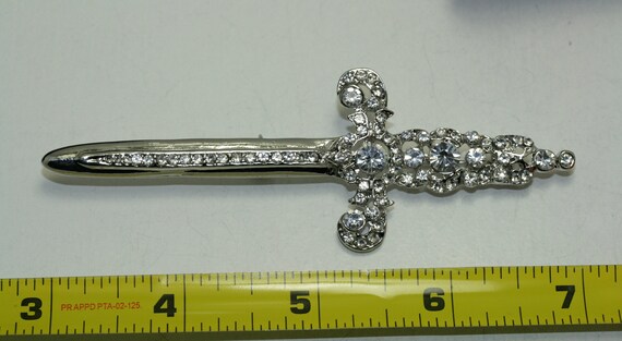 Rhinestone Jeweled Silver-plated Sword Pin Brooch… - image 4