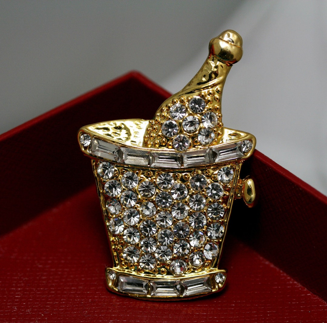 Rhinestone Ice Bucket With Champagne Bottle Pin Brooch, New Year