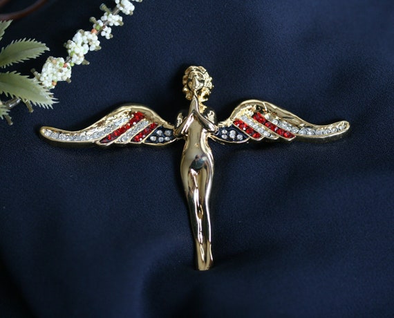 Vintage Flying Angel with Crystal USA Flag Wings … - image 1