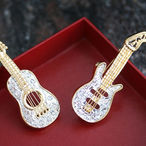Golden Tone Clear Crystal Colored Rhinestones Acoustic Guitar, Electric Guitar Brooch Pin