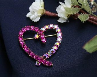 Rhinestone Pink Topaz Heart Brooch Pin, Crystal Valentine's day Heart Jewelry For Her