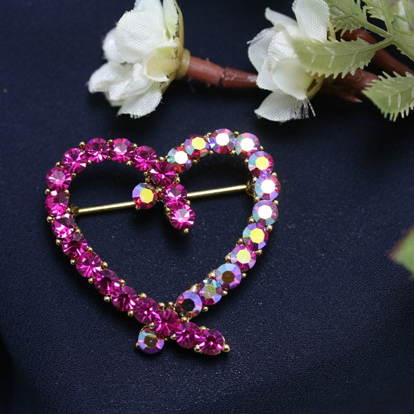 Rhinestone Pink Topaz Heart Brooch Pin, Crystal Valentine's day Heart Jewelry For Her