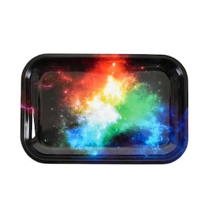 May include: A rectangular black tray with rounded corners. The tray's surface features a vibrant, colorful design resembling a nebula or galaxy, with hues of red, orange, yellow, green, blue, and purple. The edges of the tray are black.