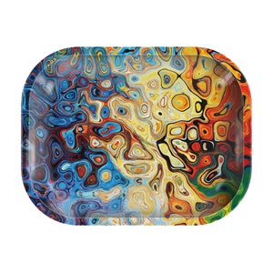 May include: Rectangular tray with rounded corners, featuring a vibrant abstract design. The pattern incorporates swirls of blue, yellow, orange, and red, creating a colorful, eye-catching surface. The tray is likely made of a durable material.