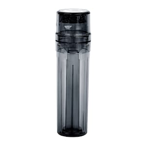 May include: A tall, transparent, dark gray water bottle with a black lid. The bottle has a cylindrical shape with vertical grooves along the sides. The lid is also dark gray and has a small, clear section.