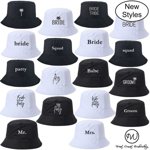 Custom Embroidered Bride Bachelorette Squad Black White Bucket Hat