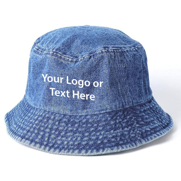 Premium Custom Embroidered Logo or Text Blue Denim Bucket Hat