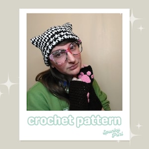 Toulouse Set - Crochet Pattern - Kitty Hat + Fingerless Mittens - Paws - Toe Beans - Cat Ears - Houndstooth Beanie - Furry - Kawaii Animal