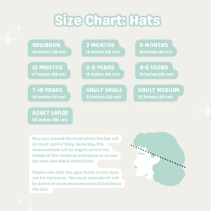 May include: A size chart for hats with measurements in inches and centimeters. The chart includes sizes for newborns, infants, children, and adults. A diagram shows how to measure the head for a hat.