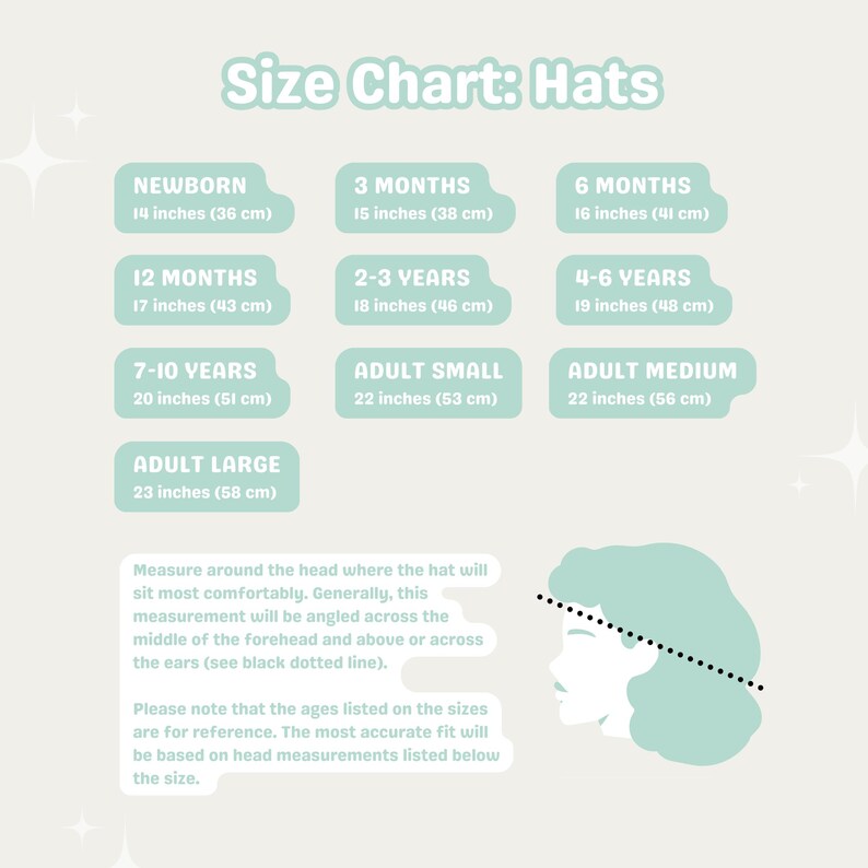 May include: A size chart for hats with measurements in inches and centimeters. The chart includes sizes for newborns, infants, children, and adults. A diagram shows how to measure the head for a hat.