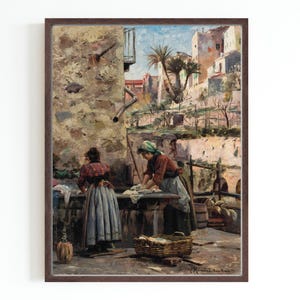 Femmes lavant des vêtements ROLLS DE TOILE Impression d'art | Quartier pétrolier | Peinture de maisons de paysage | Impression d'art du XIXe siècle | Art américain