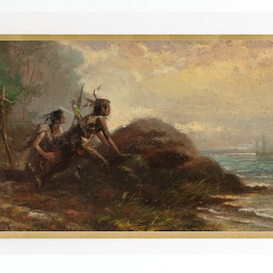 Native Americans CANVAS ROLLS Art Print | Oil Indians Ship Old West | Western Beach Painting | 19th Century Art Print | American Art