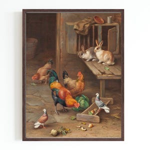 Chicken Rabbits Pigeons CANVAS ROLLS Art Print | Oil Animal Portrait| Farm Countryside Painting | 19th Century Art Print | American Art