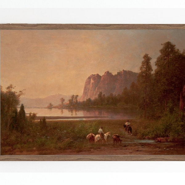 Cowboys CANVAS ROLLS Art Print | Oil Lake Mountain Old West | Western Landscape Painting | 19th Century Art Print | American Art