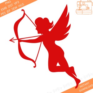 Puede incluir: Silueta roja de un cupido con alas, sosteniendo un arco y una flecha. El cupido está volando por el aire.