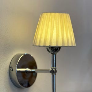 Luxury Cordless Wall Sconce – Pleated Ottoman Silk Shade – Silver LED Wall Light – Hotel & Restaurant Lighting- Soft Warm Light