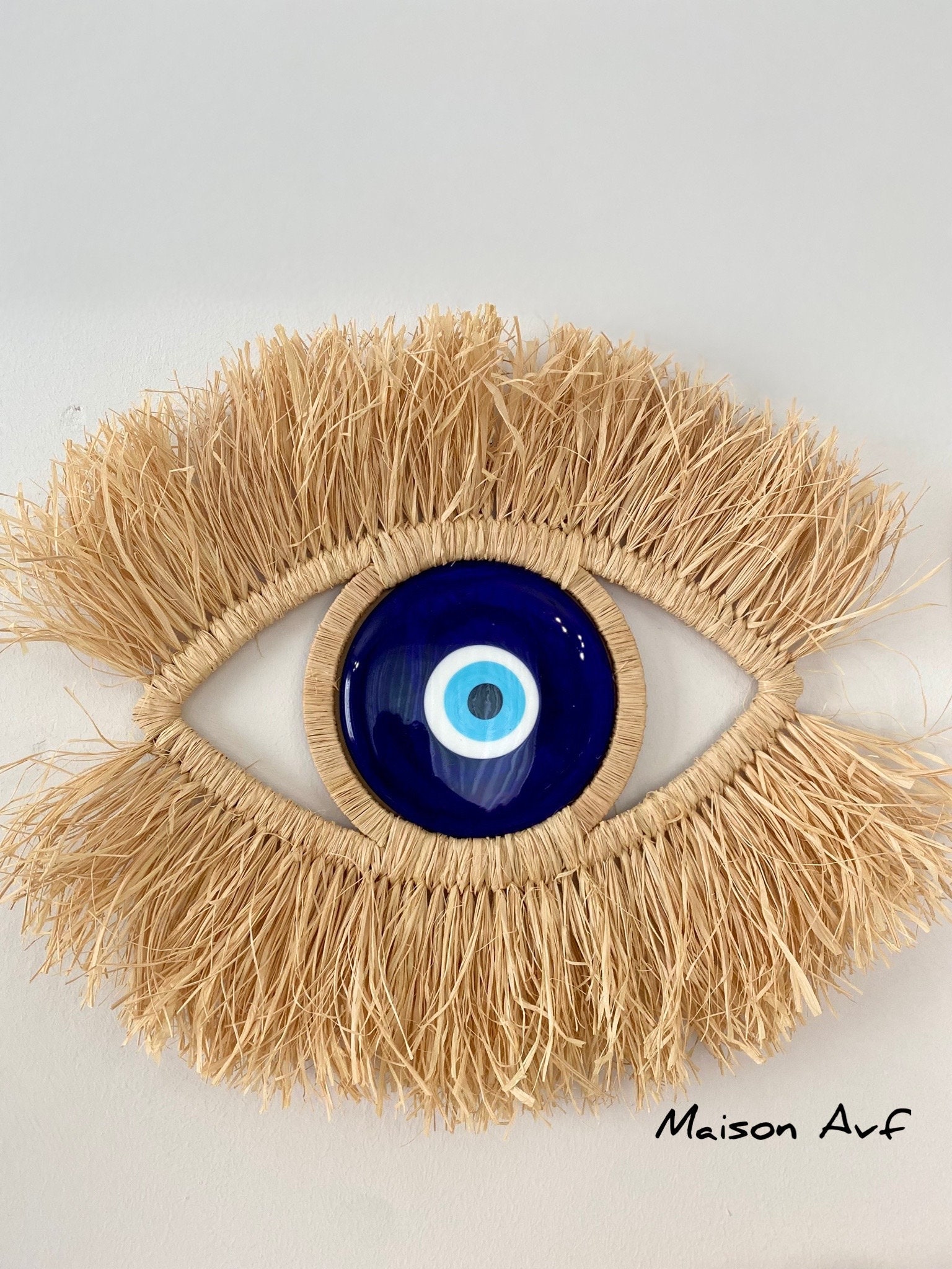 Raffia Eye Evil Eye, Evil Eye Wall Hanging, Glass Evil Eye Bead, Blue Eye, Raffia, Evil Eye Protection Amulet, Beautiful Home Decor