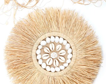Raffia Wall Hanging, Boho, Bohemian Wall Decor, Sea Shell Home Decor.
